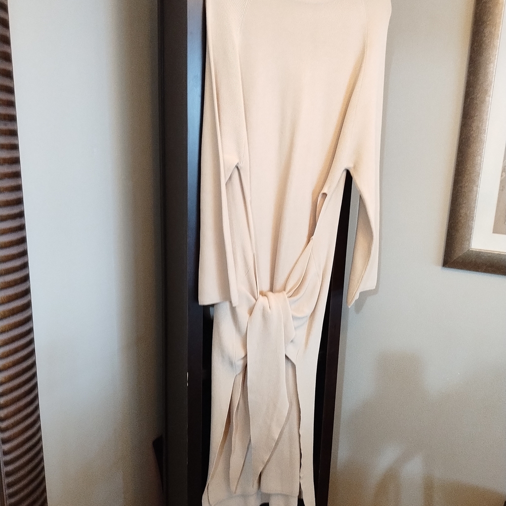 Long Sleeve Cream Knot-Front Midi Dress